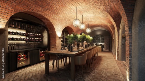 Elegant wine cellar with tasting table and brick walls. photo