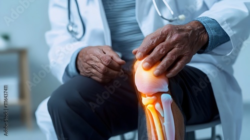 Close up study of an elderly person s painful inflamed arthritic knee joint showing limited mobility and medical diagnostic imagery in a somber clinical documentary style digital art piece photo