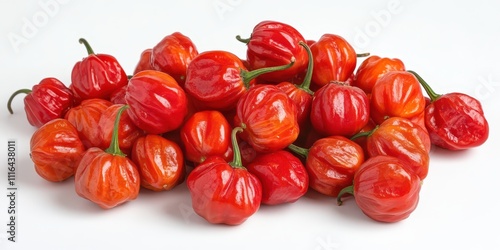Chiltepin on an isolated white background, small red peppers, smooth studio light, detailed texture, photography quality.