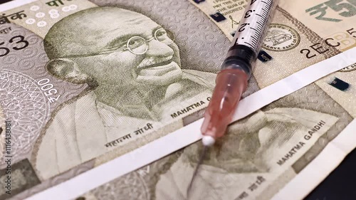 Macro shot of rotating syringe over indian rupee bills. Effective medicine healthcare. Drugs, medication, vitamins concept. Close up view. People is preparing to take injection of extended insulin.