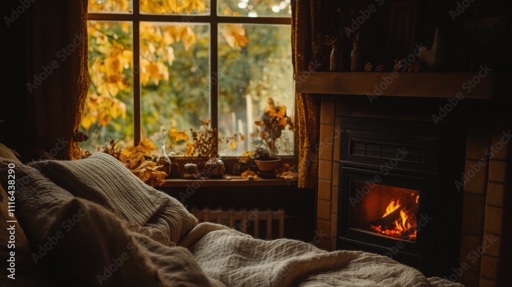 Fireplace in a cozy nook with symmetrical windows, Autumn decoration, soft fabrics. Fireplace in a cozy nook with symmetrical windows, Autumn decoration, soft fabrics.