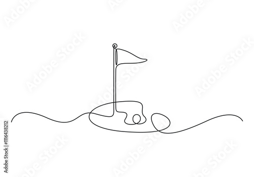 Continuous line vector golf course. Single line vector golf course, flag and hole. golf course icon drawn in one line