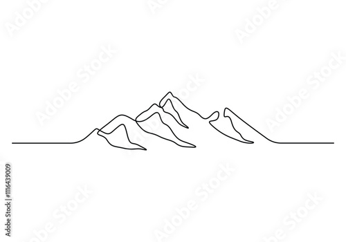 Single continuous line drawing of mountain ridge landscape. Web banner with high mounts and peaks in simple linear style. Adventure winter sports ski and hiking concept. Vector illustration