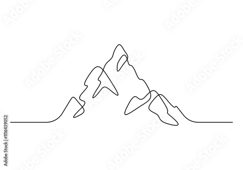 Single continuous line drawing of mountain ridge landscape. Web banner with high mounts and peaks in simple linear style. Adventure winter sports ski and hiking concept. Vector illustration