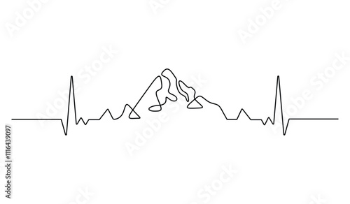 Mountain landscape hand drawn with heartbeat symbol continuous one line vector illustration
