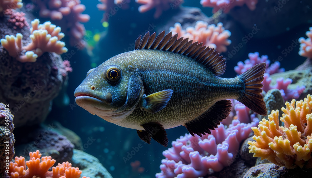 Obraz premium Vibrant underwater world showcases a colorful fish navigating through coral reefs at a tranquil ocean depth