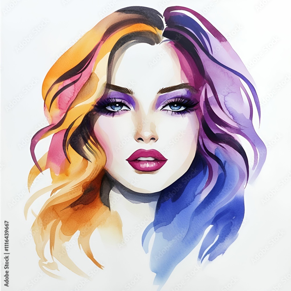 Obraz premium fashion watercolor style brushstroke concept A vibrant, artistic portrait of a woman with colorful hair and striking features.