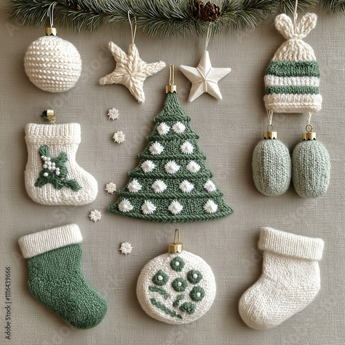 detailed knitting, minimalist tree with white and green knitted decorations like socks and ornaments hanging on it, flat surface, pastel color palette, natural light, embroidered d photo