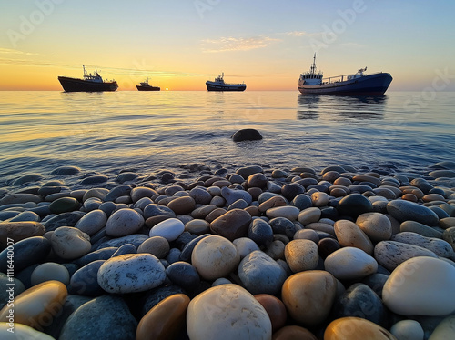 Fototapeta Naklejka Na Ścianę i Meble -   A serene view of the Baltic Sea at dawn, with clear blue skies and calm waters. The horizon is adorned by distant silhouettes of ships on their way to Riga or Kalkrampton. 