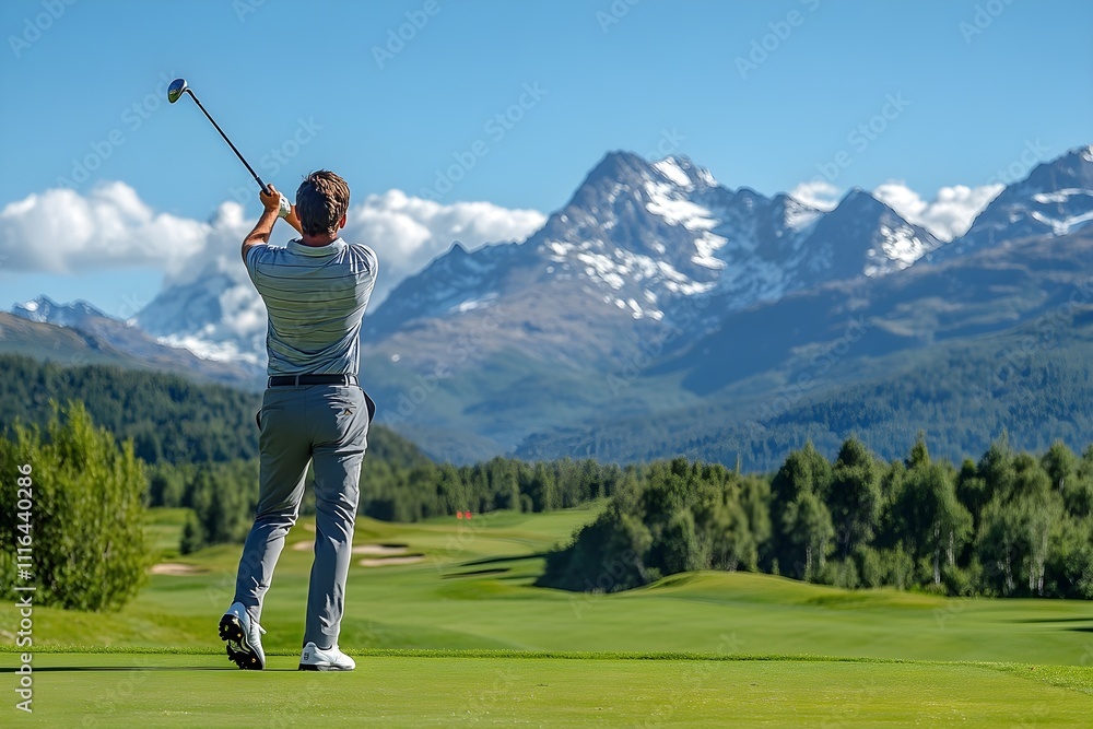 Obraz premium A photo of a male golfer wearing golf clothes, holding a golf club, and swinging on a spacious, well-maintained golf course with a nice view on a sunny day.