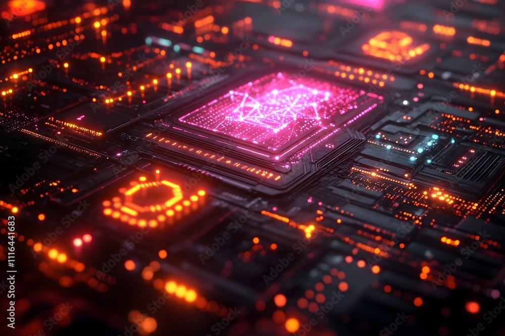 Vibrant circuit board with glowing components showcasing advanced technology Vibrant circuit board with glowing components showcasing advanced technology
