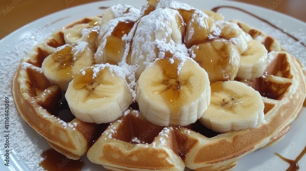 Delicious Banana Waffles Topped With Syrup And Powdered Sugar Delicious Banana Waffles Topped With Syrup And Powdered Sugar