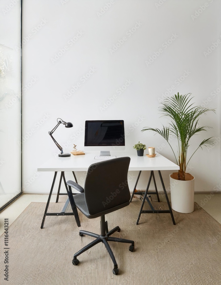 Office desk with computer equipment on it and also office chair located in an office room with bright white walls Office desk with computer equipment on it and also office chair located in an office room with bright white walls