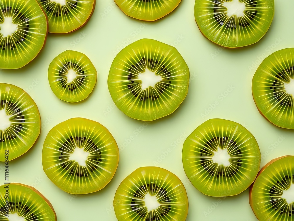 Fototapeta premium Close-up kiwi slices, light green backdrop, natural light.