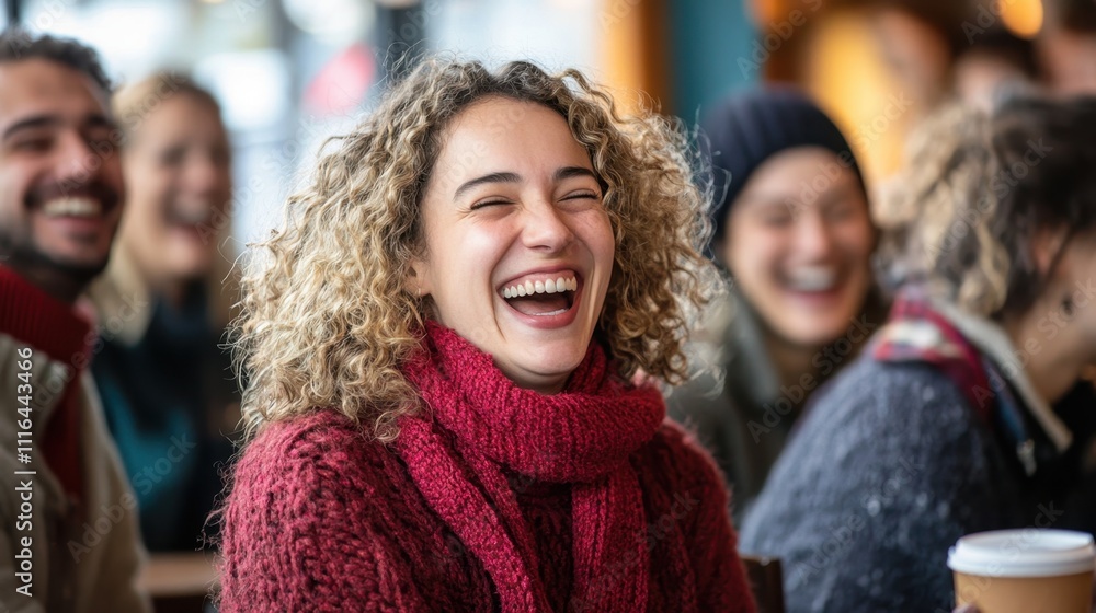 Fototapeta premium Joyful Group of Friends Laughing Together in Cozy Coffee Shop Captured in Natural Light with Warm Atmosphere and Genuine Smiles