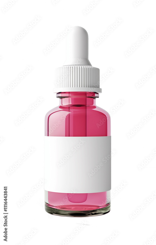 Pink bottle with pipette and white label isolated on white background Pink bottle with pipette and white label isolated on white background