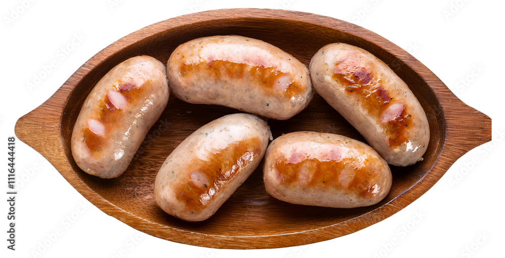 food Bratwurst in a wooden bowl isolated on a transparent background. food Bratwurst in a wooden bowl isolated on a transparent background.