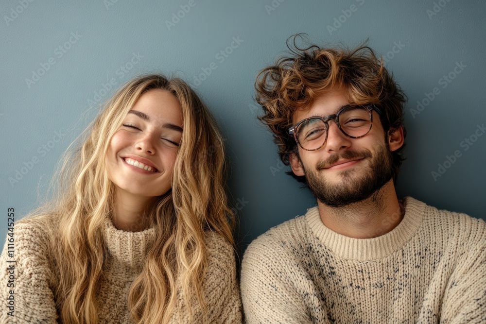 Young couple smiling happily together against a blue background in cozy sweaters Young couple smiling happily together against a blue background in cozy sweaters