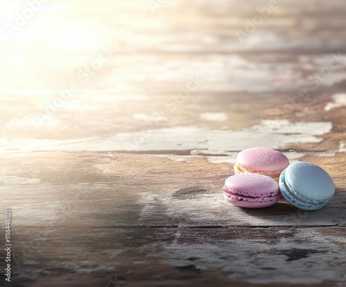 Cluster of pastel-colored spring macarons on a rustic wooden surface, sunlight highlighting colors, space for text. photo