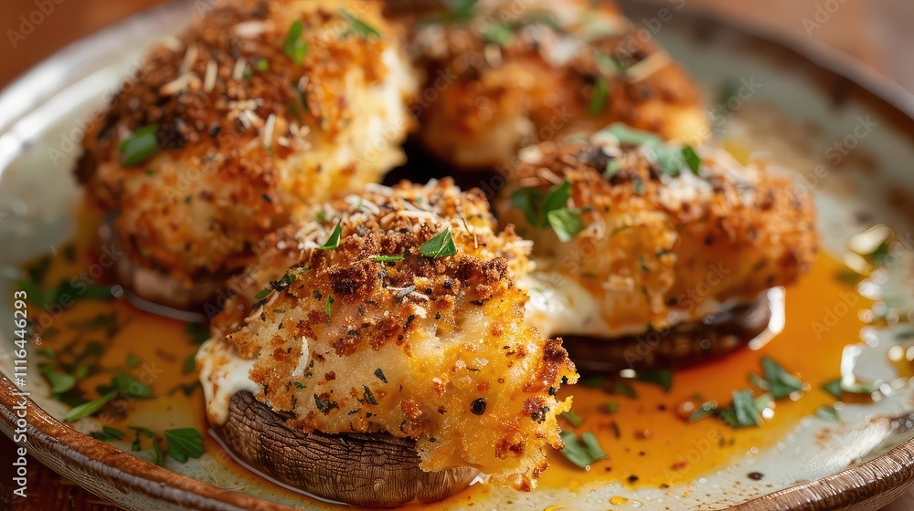 Fototapeta premium Funghi Ripieni, Italian Dish, Italian Cuisine, Mushroom Dish, 