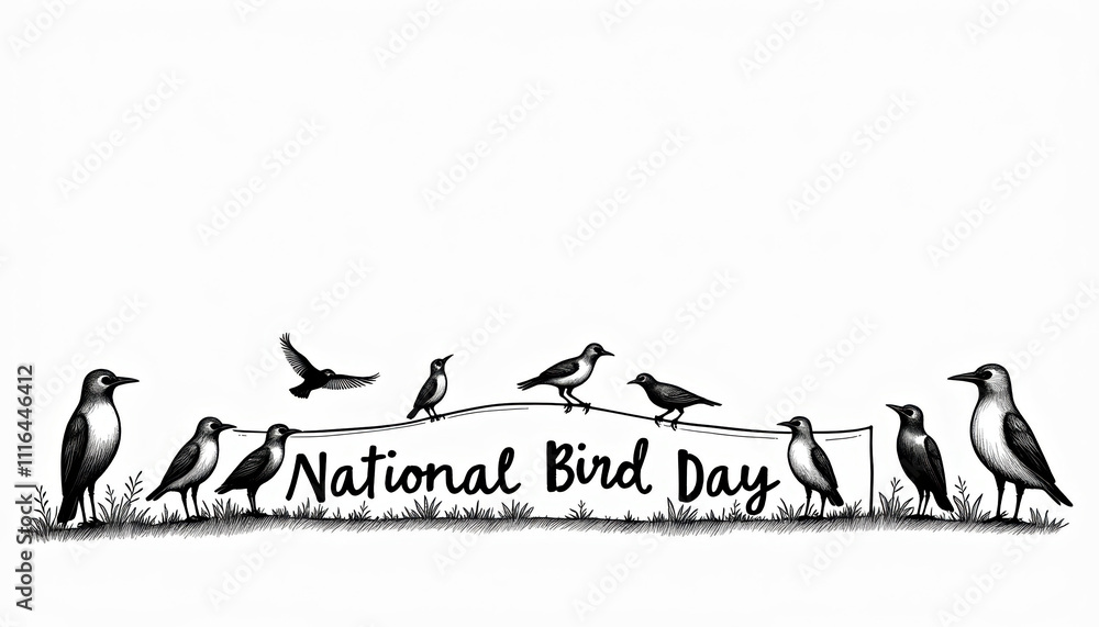 Fototapeta premium A minimalist black and white banner for National Bird Day featuring elegant silhouettes of birds against a clean background.
