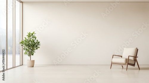 Modern minimalist interior design featuring a single chair and a potted plant in a bright, spacious room with large windows and neutral tones