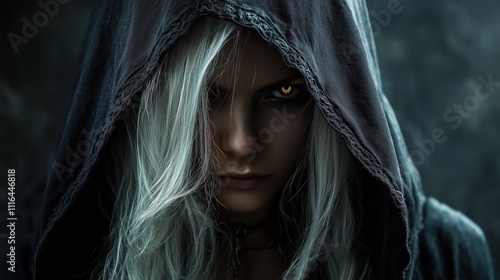 woman assassin cloaked in shadows with striking yellow glowing eyes white hair witch photo