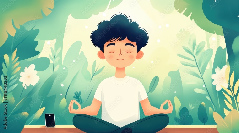 Tranquil Boy Meditating in Lush Forest Environment with Serene Nature Background and Relaxation Vibes Radiating Calmness and Peaceful Energy Tranquil Boy Meditating in Lush Forest Environment with Serene Nature Background and Relaxation Vibes Radiating Calmness and Peaceful Energy