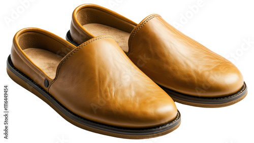 Brown leather slip-on shoes with a low heel.