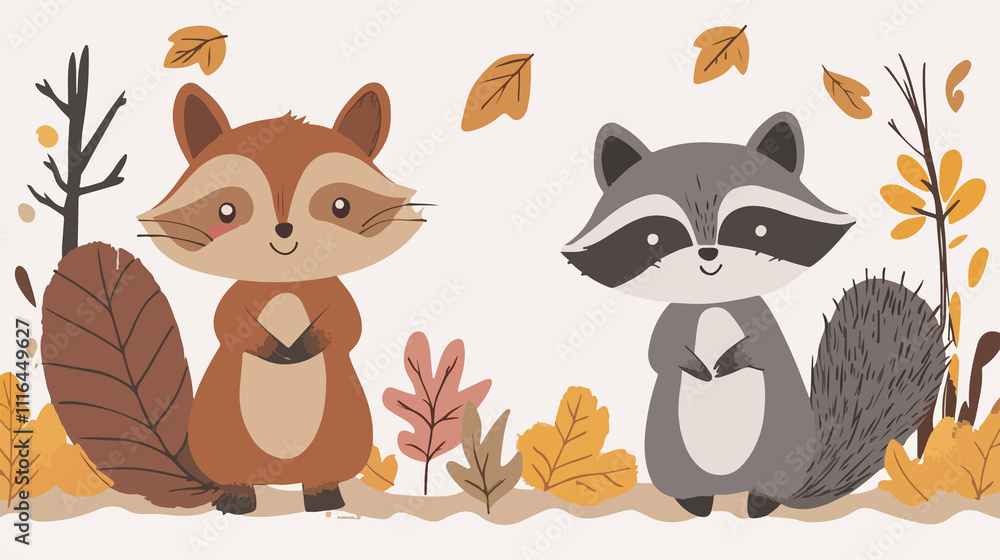 Fototapeta premium Flat Vector Illustration of Squirrel and Raccoon | Wildlife Cartoon Characters Design