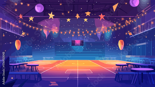 Decorated School Gym Interior for Prom Night or Party Celebration