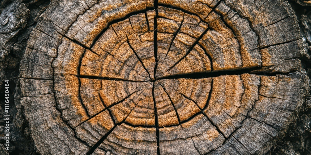 Fototapeta premium Close-up of worn-out, cracked wood with visible texture and layers of natural color, space for text.