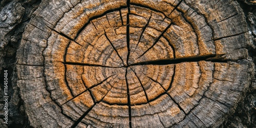 Close-up of worn-out, cracked wood with visible texture and layers of natural color, space for text. photo