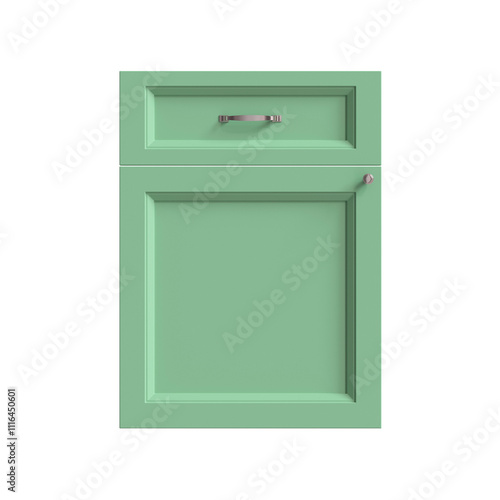 3d render of a green kitchen facade , doors for kitchen cabinets, front view	