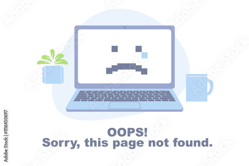 Cute 404 error page featuring a sad computer screen. Ideal for website design, error handling, and user-friendly navigation
