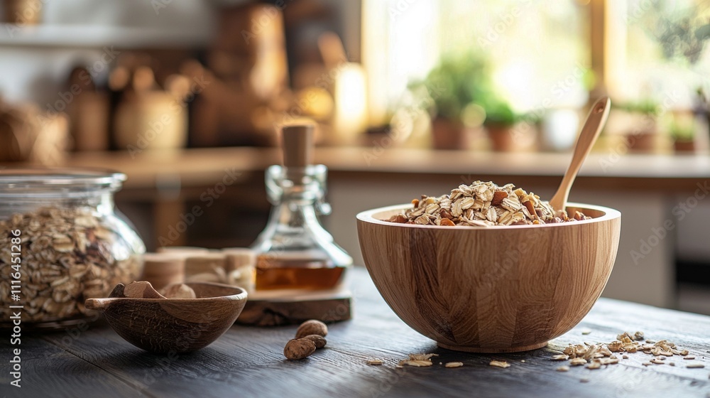 Healthy breakfast with oats in a wooden bowl Healthy breakfast with oats in a wooden bowl
