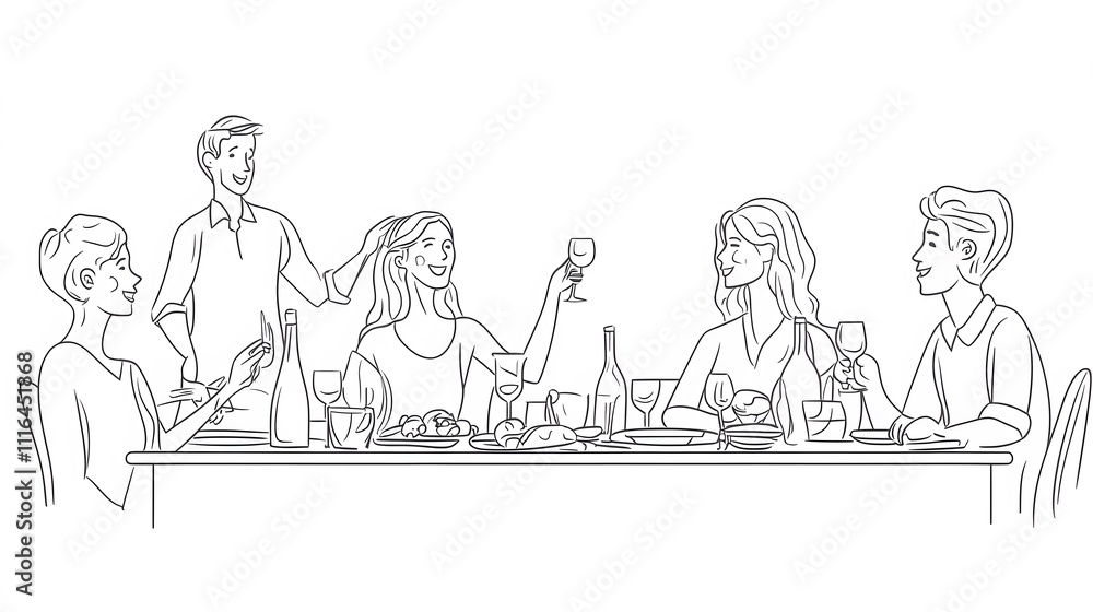 A simple line drawing of friends having dinner together One person is standing up, talking to the group, while others sit at the table with wine glasses in their hands,
A simple line drawing of friends having dinner together One person is standing up, talking to the group, while others sit at the table with wine glasses in their hands,