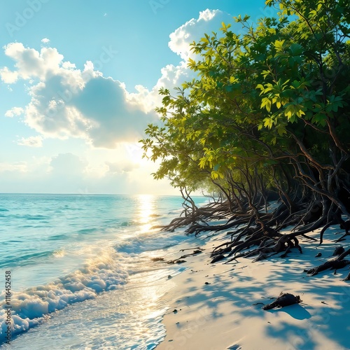 Sun-drenched mangrove forest beach scene. photo