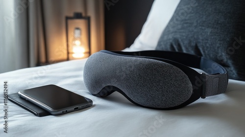 Modern eye mask with Bluetooth headphones lying on a sleek bedside table next to a smartphone photo