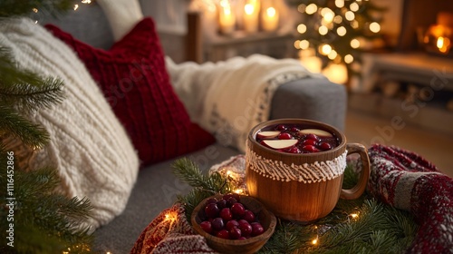 Wallpaper Mural A cozy holiday setup with warm cranberry apple punch in a rustic wooden mug, surrounded by festive greenery and lights Torontodigital.ca