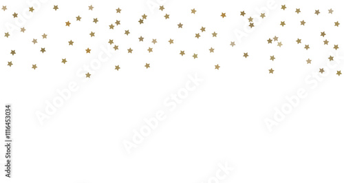 Small gold shining star shaped confetti isolated on background. Falling glittering tinsel. Festive party decoration. New Year, birthday, winner celebration concept. Vector illustration banner, overlay