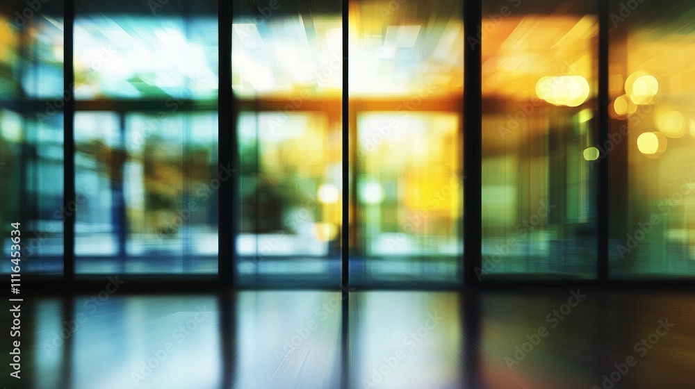 Fototapeta premium Abstract blurred image of modern glass building entrance at night.