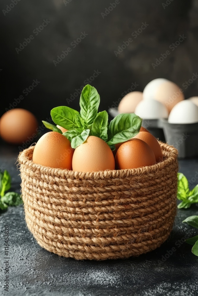 Farm Fresh Brown Eggs in a Rustic Woven Basket with Fresh Green Garnish, Perfect for Baking Farm Fresh Brown Eggs in a Rustic Woven Basket with Fresh Green Garnish, Perfect for Baking