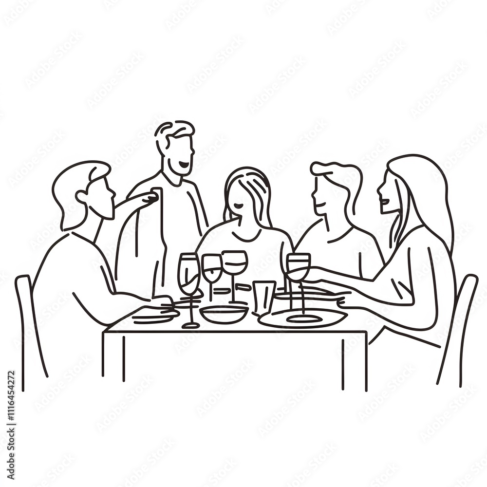 A simple line drawing of friends having dinner together One person is standing up, talking to the group, while others sit at the table with wine glasses in their hands,
A simple line drawing of friends having dinner together One person is standing up, talking to the group, while others sit at the table with wine glasses in their hands,