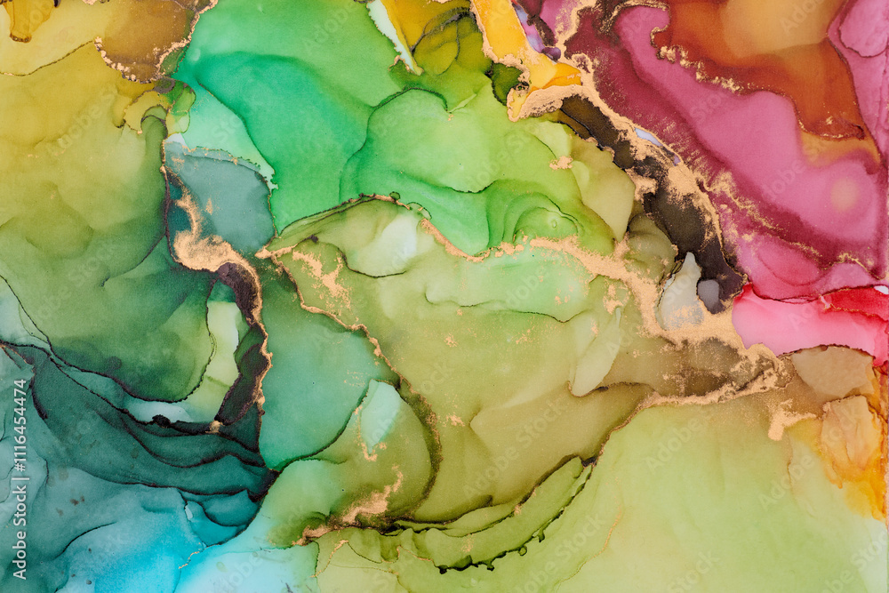 Naklejka premium Swirls of color and veins of metallic gold form a flowing, abstract design, sense of movement and transformation. Fluid art, organic shapes and liquid ink textures, create of luxury and natural beauty
