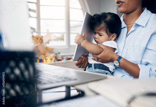 Mother, baby and multitasking with laptop for remote work, freelance and life balance in home. Brand consultant, child care and juggling task with time management, responsibility and tablet for app photo