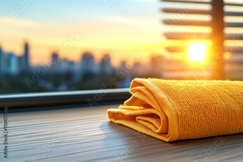  Toalla amarilla doblada sobre una mesa con vista a la ciudad durante el atardecer.
 photo