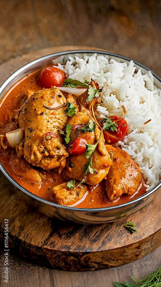 Savory chicken curry combined with tender rice and vibrant tomatoes. Savory chicken curry combined with tender rice and vibrant tomatoes.