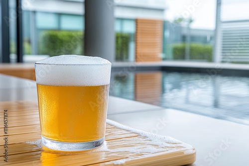  Vaso de cerveza espumosa sobre una mesa junto a una piscina.
 photo