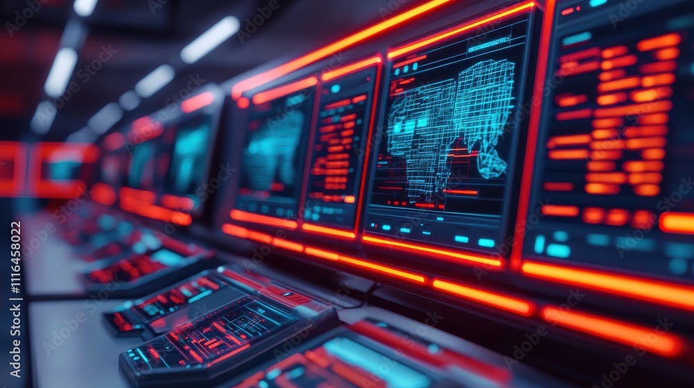 Obraz premium High-Tech Control Room with Digital Screens Displaying Global Data and Monitoring Dashboards in Neon Blue and Red Lighting Featuring Futuristic Computer Technology